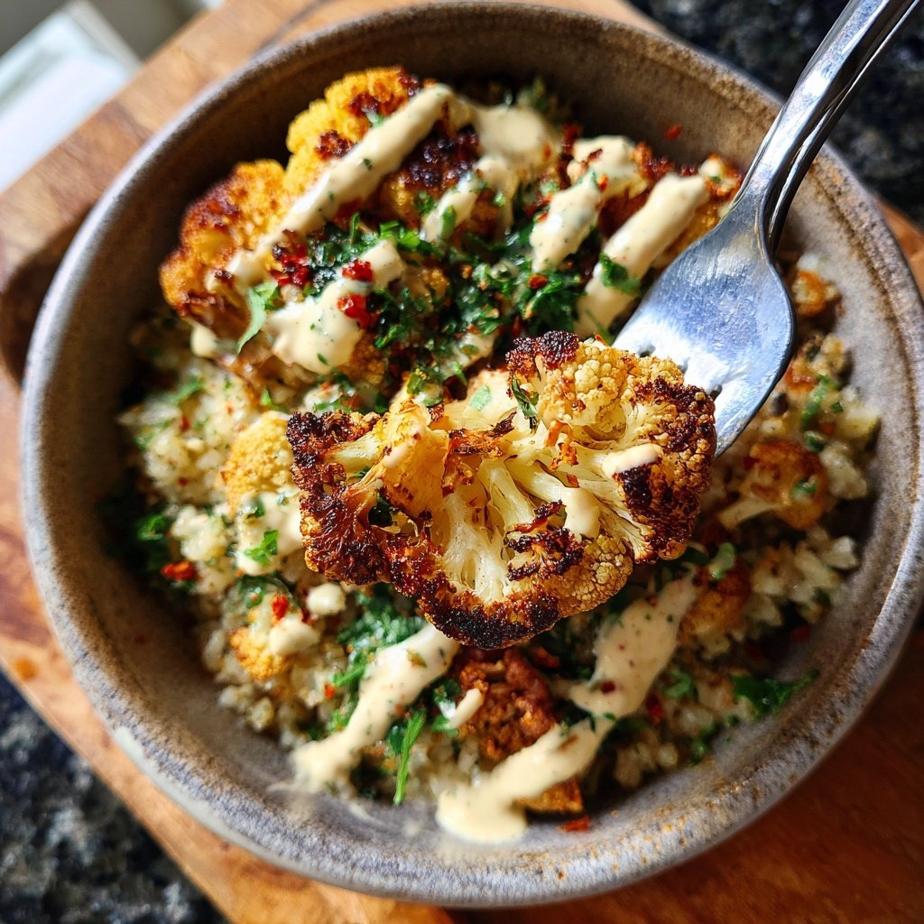 Roasted Cauliflower Tahini Rice Bowl